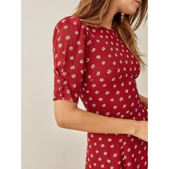 Reformation Floral Puff Sleeve Bard Mini Dress Red Back Tie Button Sz 12 - Picture 2 of 12